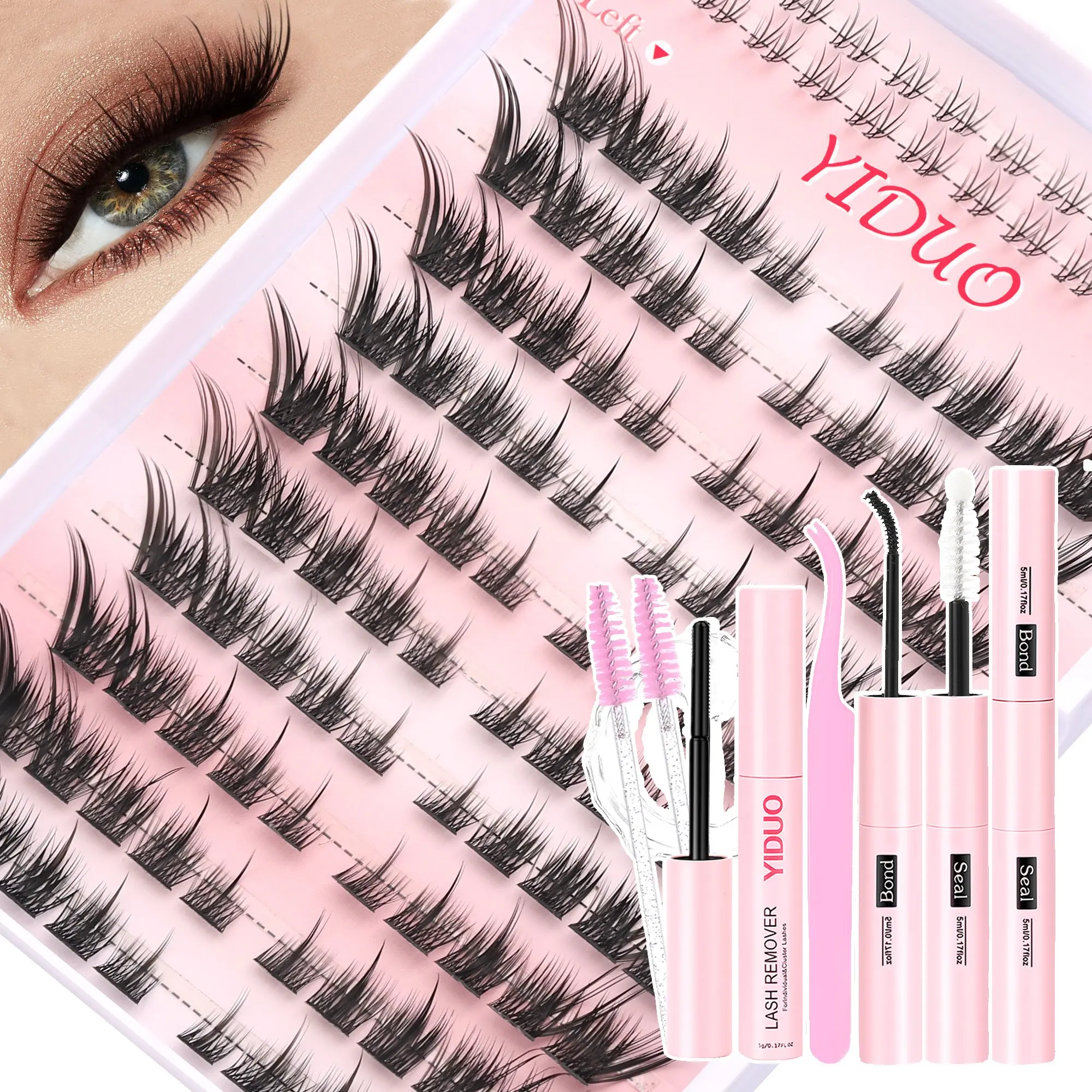 YIDUO Wispy Fox Eye Lash Set – Left & Right Clusters with Bottom Lashes, C-Curl, Thin & Lightweight. Complete Kit with Bond, Seal, Remover, Tweezers & Brush for 5-Min DIY at Home.
