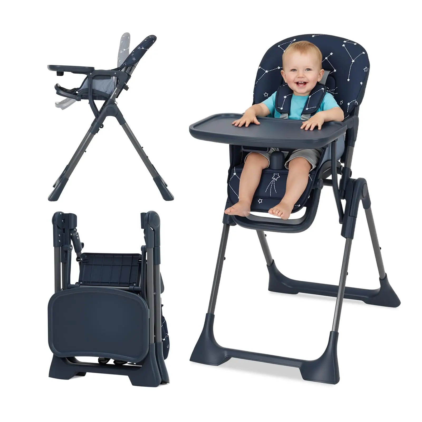 Adjustable & Collapsible Baby High Chair for Feeding – Reclining Backrest, Multi-Position Footrest, Removable Tray, Quick-Fold, Safety Harness – Comfortable Infant & Toddler Highchair – Blue/Pink/Grey