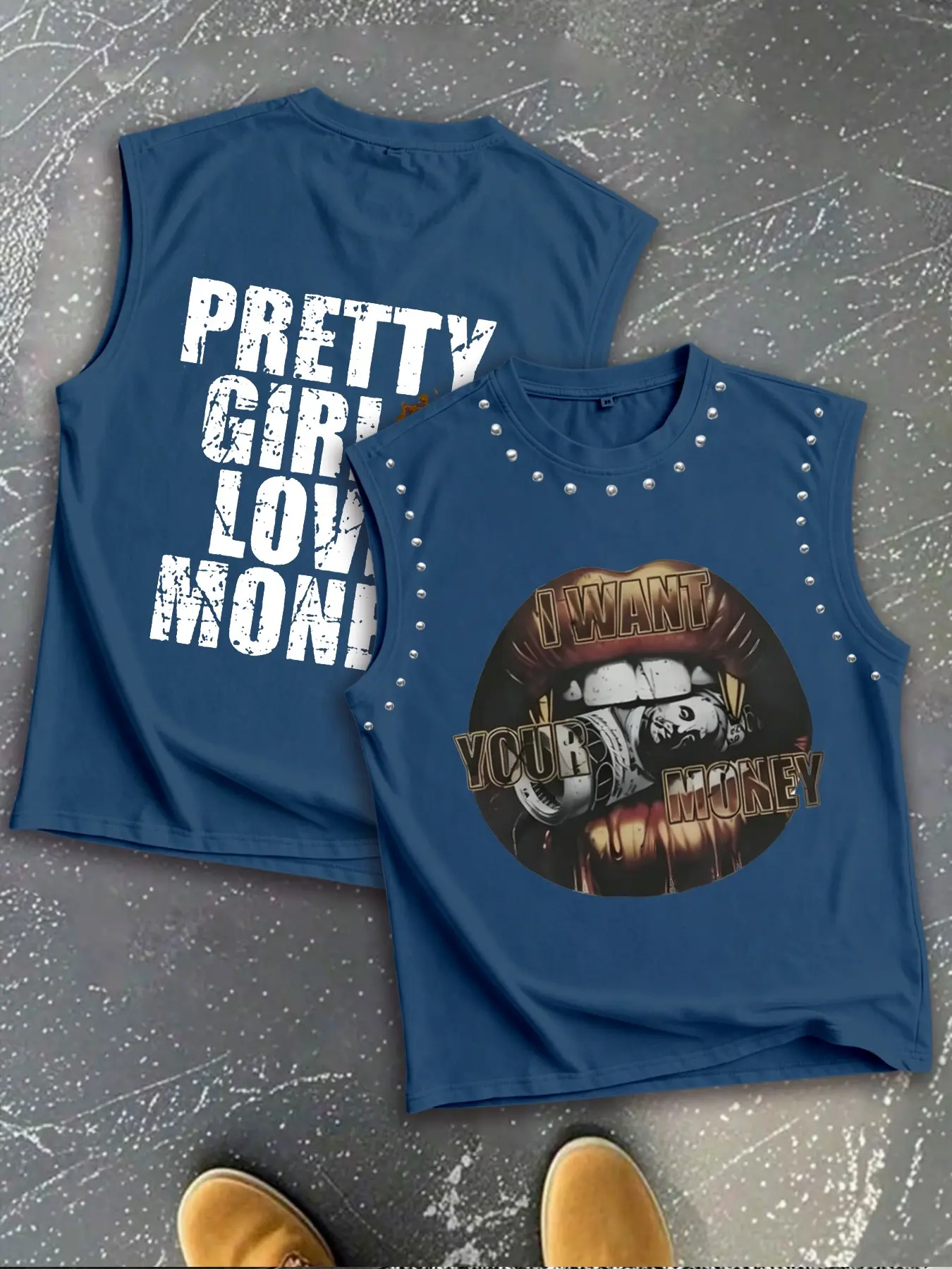 Men's Rivet Trim Lip Billboard Vintage English Print Sleeveless Tank Top, American Hip Hop High Street Oversized Baggy Loose Fit Breathable Fitness Vest, Menswear