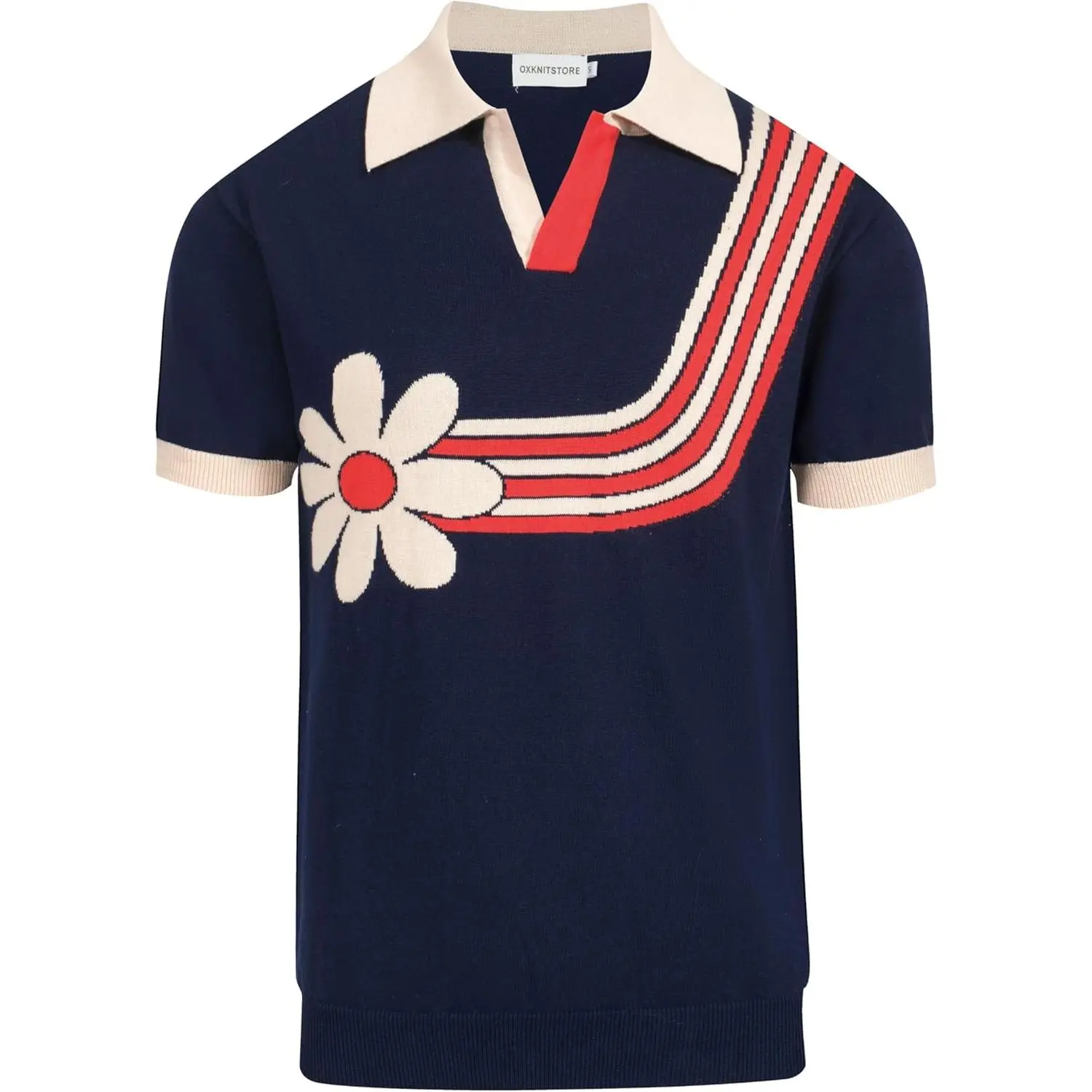 OXKNIT Mens V-Neck Polo Shirt Knitted Shirt Dark Blue Short Sleeve Golf Shirt with Flower Pattern