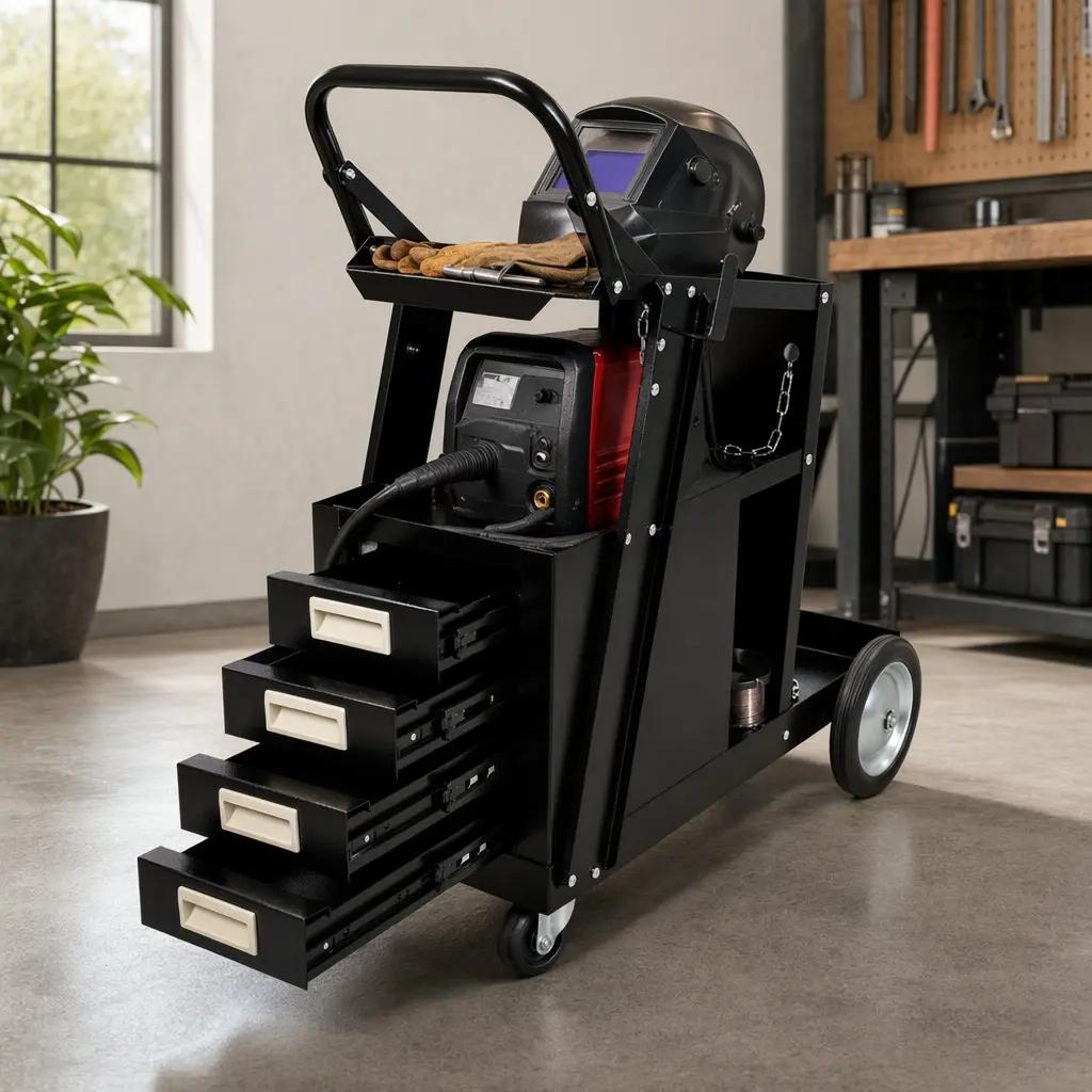 Heavy Duty Steel 2-Tier 4-Drawer Rolling Welding Cart - 220lb Capacity Portable Welder Storage Trolley with Wheels, Safety Chains, for MIG TIG Welders, Plasma Cutters (Indoor/Outdoor Use), 2 Heavy-Duty Rear Wheels
