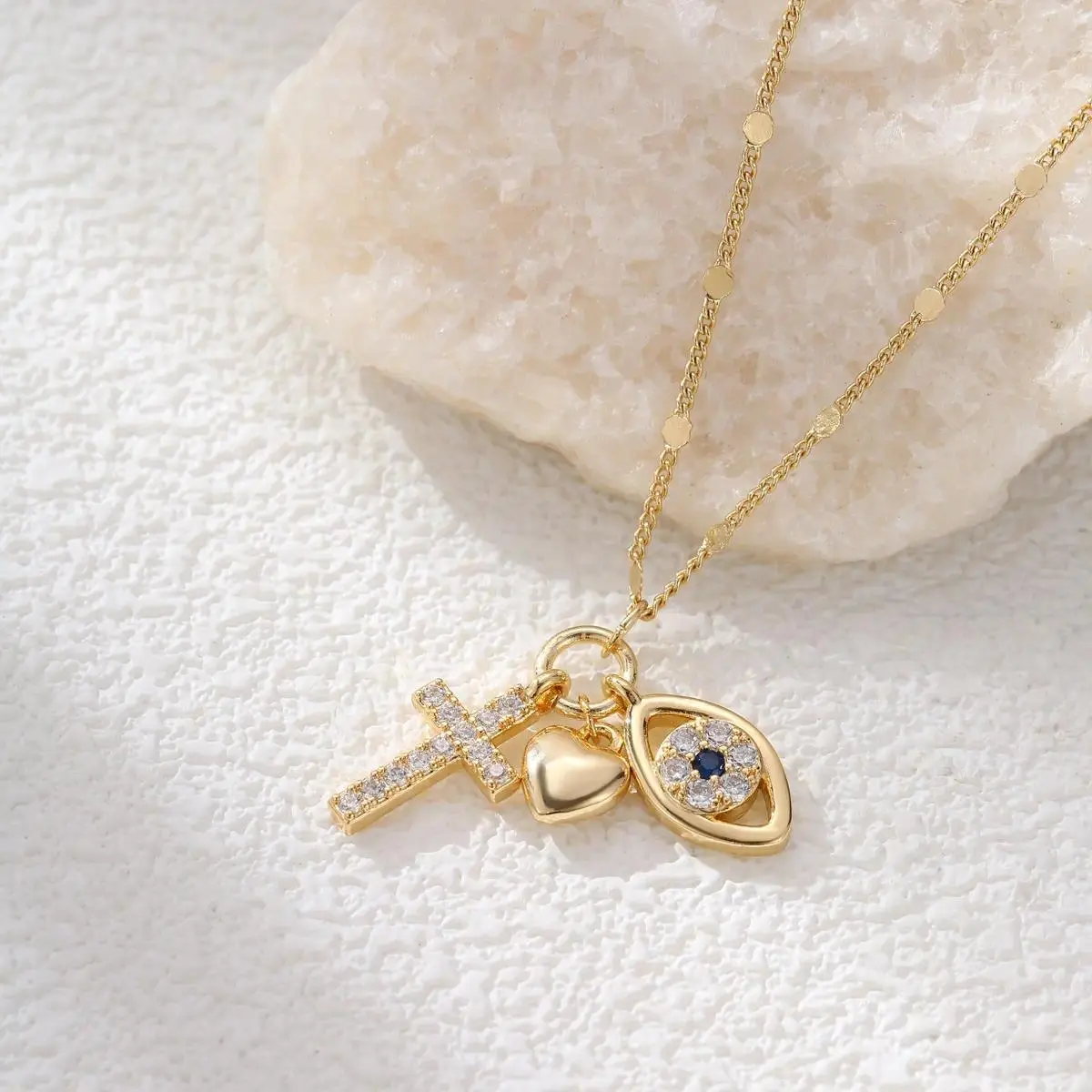 Dainty Evil Eye Heart Cross Necklace for Women, Gold Tone Cubic Zirconia Pendant, Waterproof & Hypoallergenic Jewelry for Birthday, Special Occasions, Gifting, Casual, Lobster Clasp, Casual Wear, Nickel-Free, Female