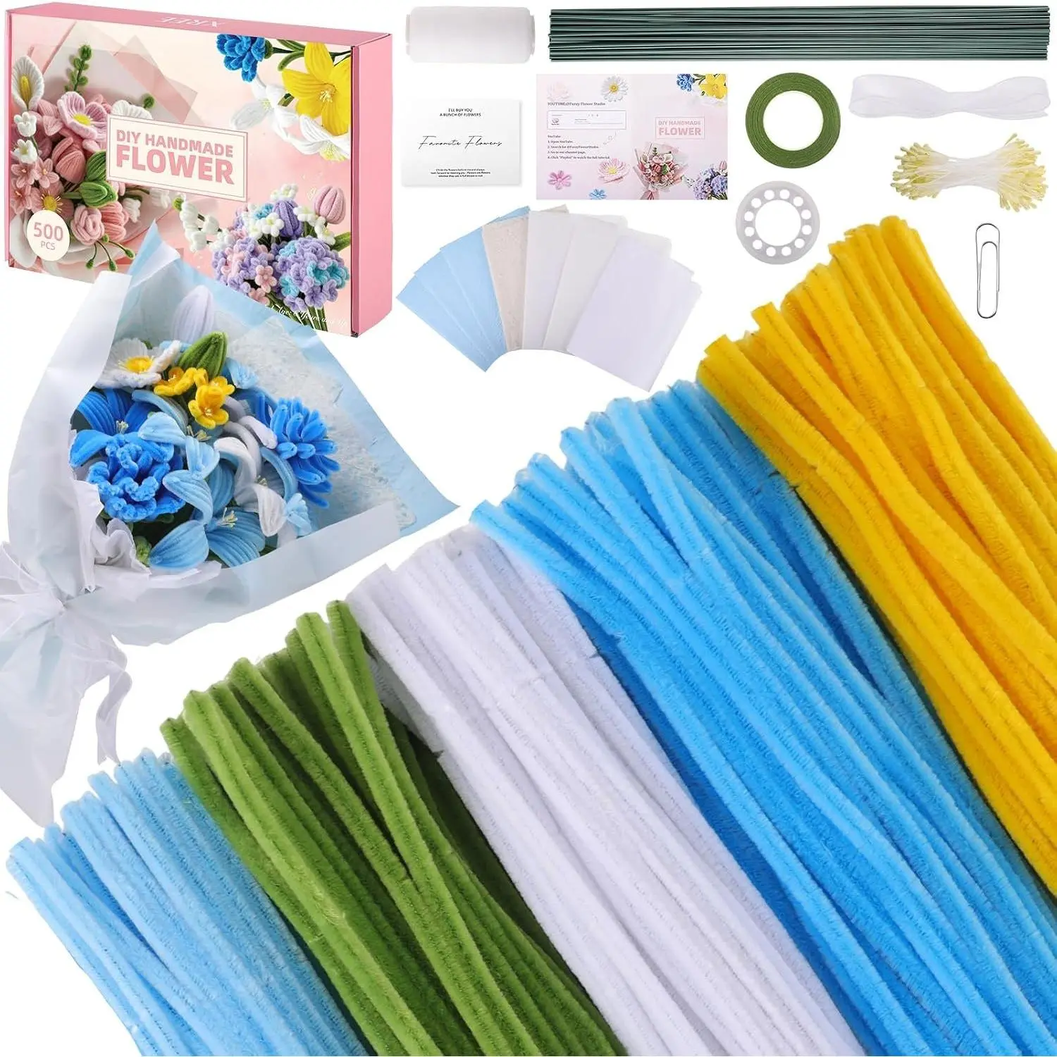 500-Count Polyester Fiber Fade-Resistant Pipe Cleaner Flower Making Kit, Bulk Craft Supplies with Floral Wires, Gardening Tape, Stamens, Ribbon, 5-Color Wrapping Paper
