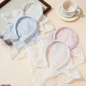 4-Pack Women’s Solid Color Lace Trim Triangle Head Scarf, Lightweight Mesh Embroidered Hair Scarf Bandana for Bangs Fixing, Boho Fashion Hair Accessories for Summer, Beach, Vacation, Travel and Daily Styling