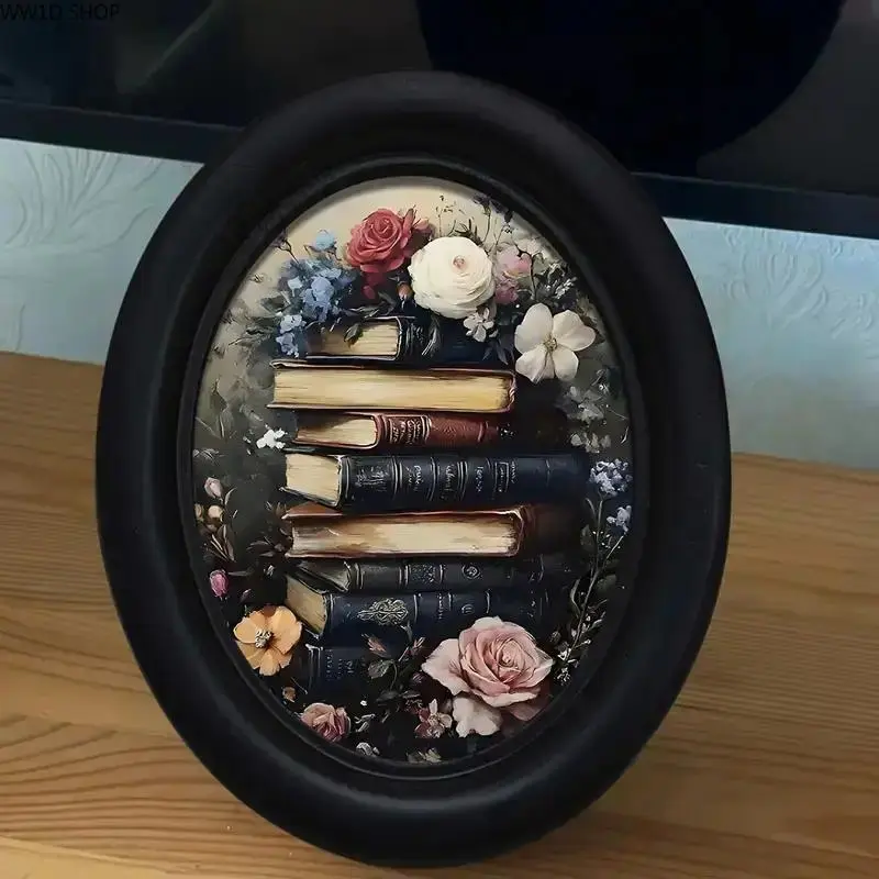 2PC Vintage Floral Book Wall Decor for Living Room, Bedroom and Reading Corner, 3D Oval Wooden Frame Wall Art, Farmhouse Inspired Librariancore Hanging Decoration, Rustic Botanical Accent for Home Interior Display
