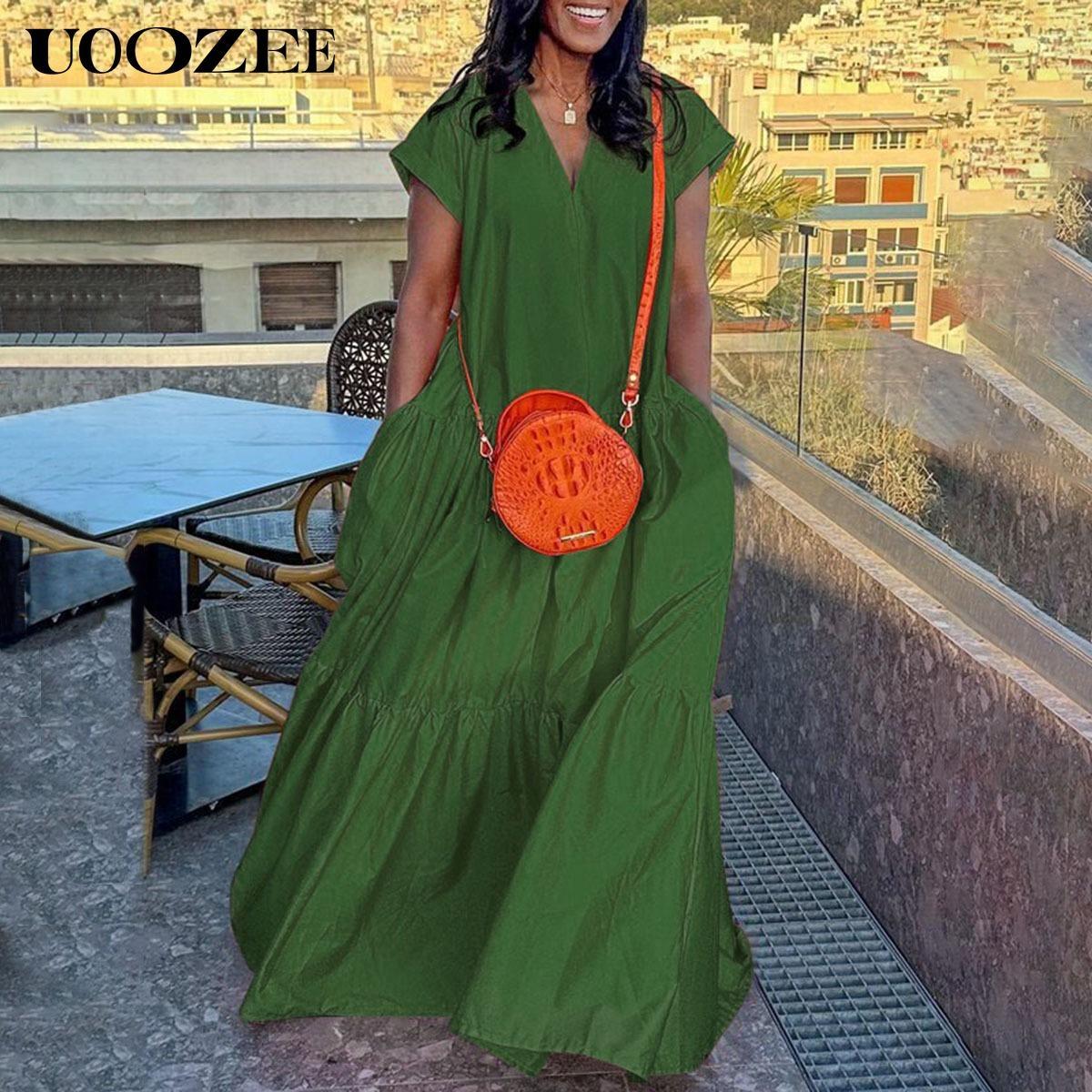 UOOZEE Women's Bright Chic Loose Short Sleeve Pleated Pocket Solid Color Slit V-Neck Maxi Dress Summer Casual Basic Cotton Blend Machine Washable Holiday Dress Womenswear Minimalist (Size is one size larger, it is recommended to order one size smaller)