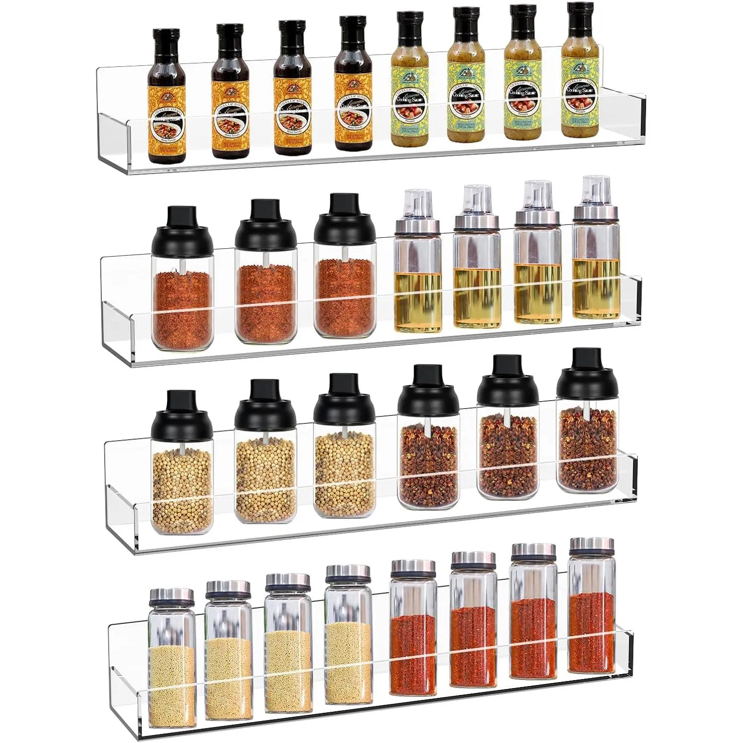 Clear Acrylic Spice Rack Wall Mounted 15 inch, 4 PCS |   Floating Shelf, Removable End Guards, For Kitchen Cabinet Door Cupboard Bathroom, Holds Jars Nail Polish Books Toiletries