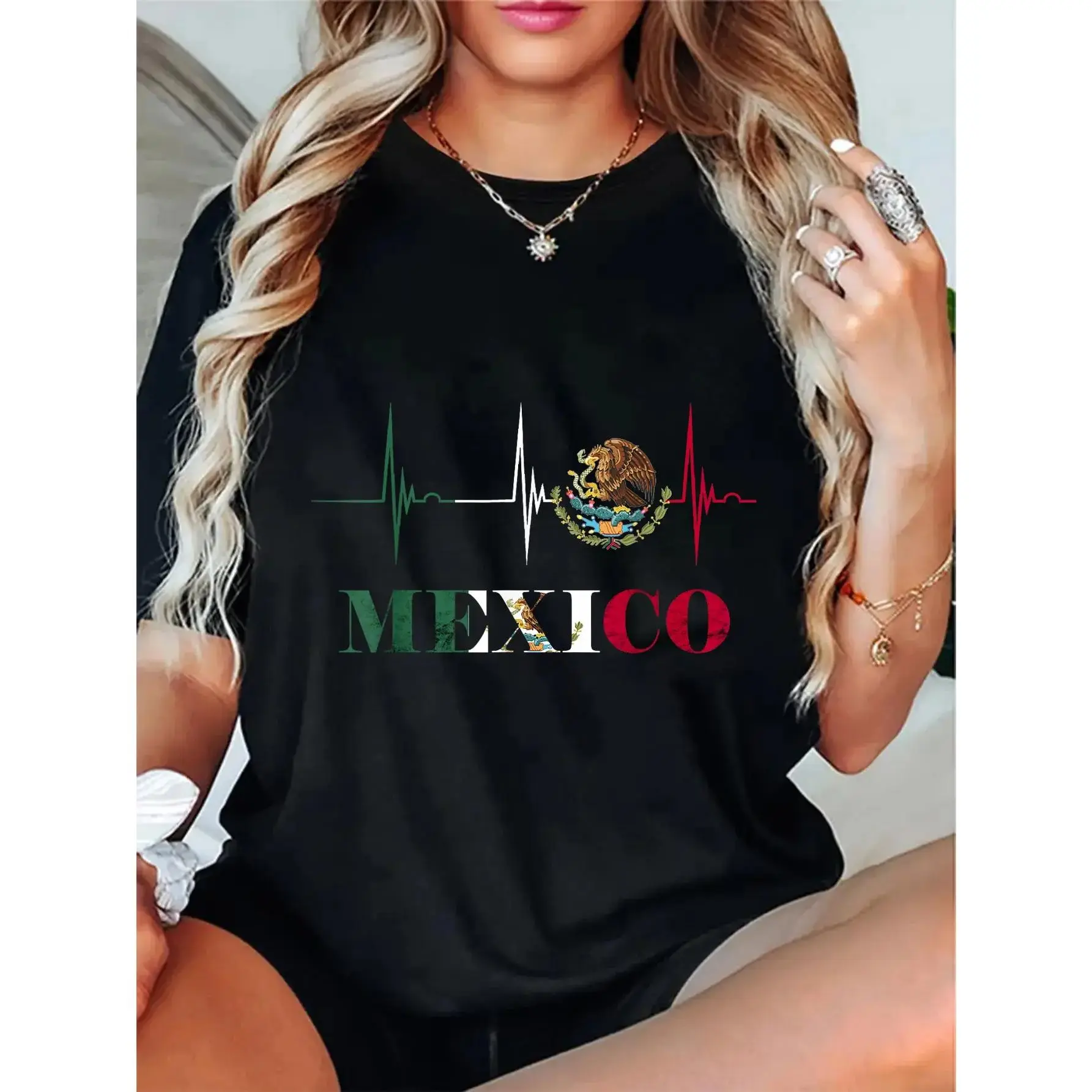 100% Cotton Unisex Heartbeat EKG Pulse Mexico Emblem Mexico Flag Mexican Pride T-Shirt
