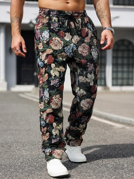 Men's Casual Floral Woven Pants, Elastic Drawstring Waist, Loose Fit, Perfect for Beach Vacation & Music Festivals