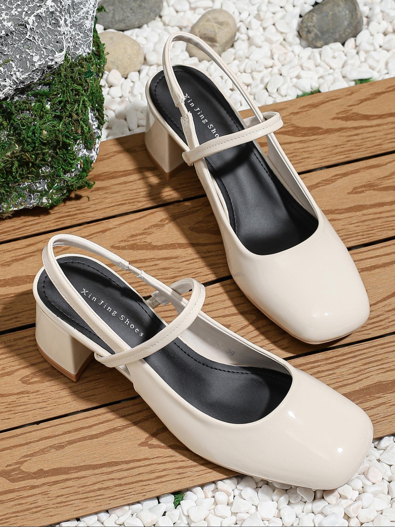 Women's Square Toe Ankle Strap Thick Heel Shoes, PU Leather Casual Fashion, All Season Comfortable Workwear Footwear