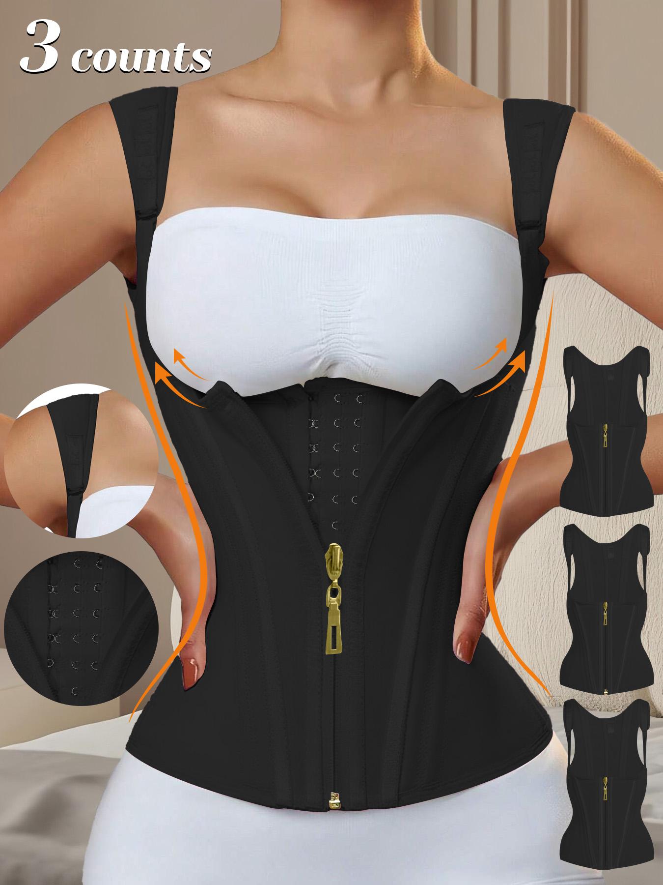 Women's Solid Color Zipper Hooks Waist Trainer Corset, Tummy Control Shapewear Tops, Adjustable Hooks Body Shaper for Women, Firm Tummy Control