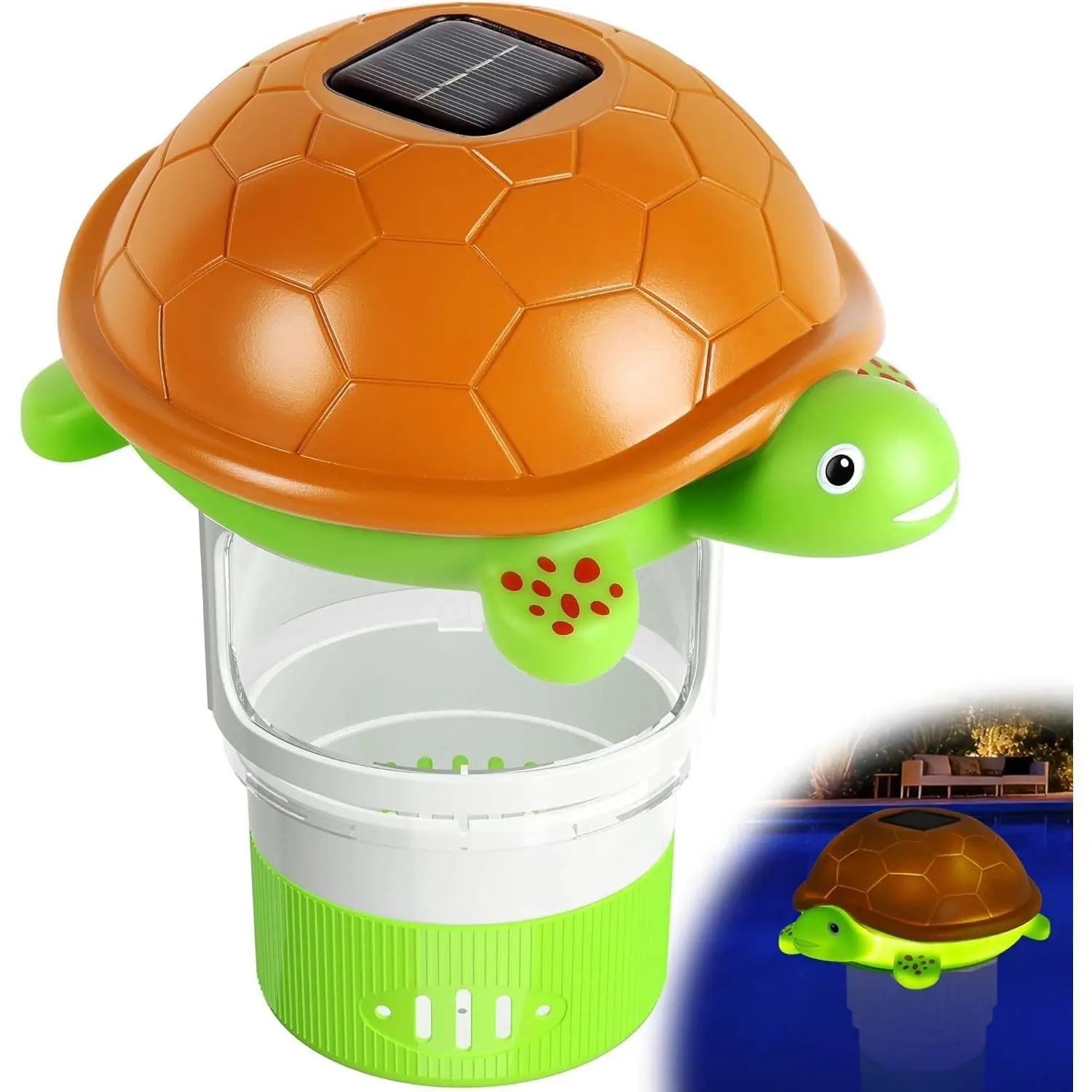 Pool Chlorine Floater with Light, Turtle Solar Chlorines Floaters with Adjustable Release, Chlorine Floater for 4 * 3'' Disks, Easy Opening Floating Pool chlorines Dispenser for Swimming Pool