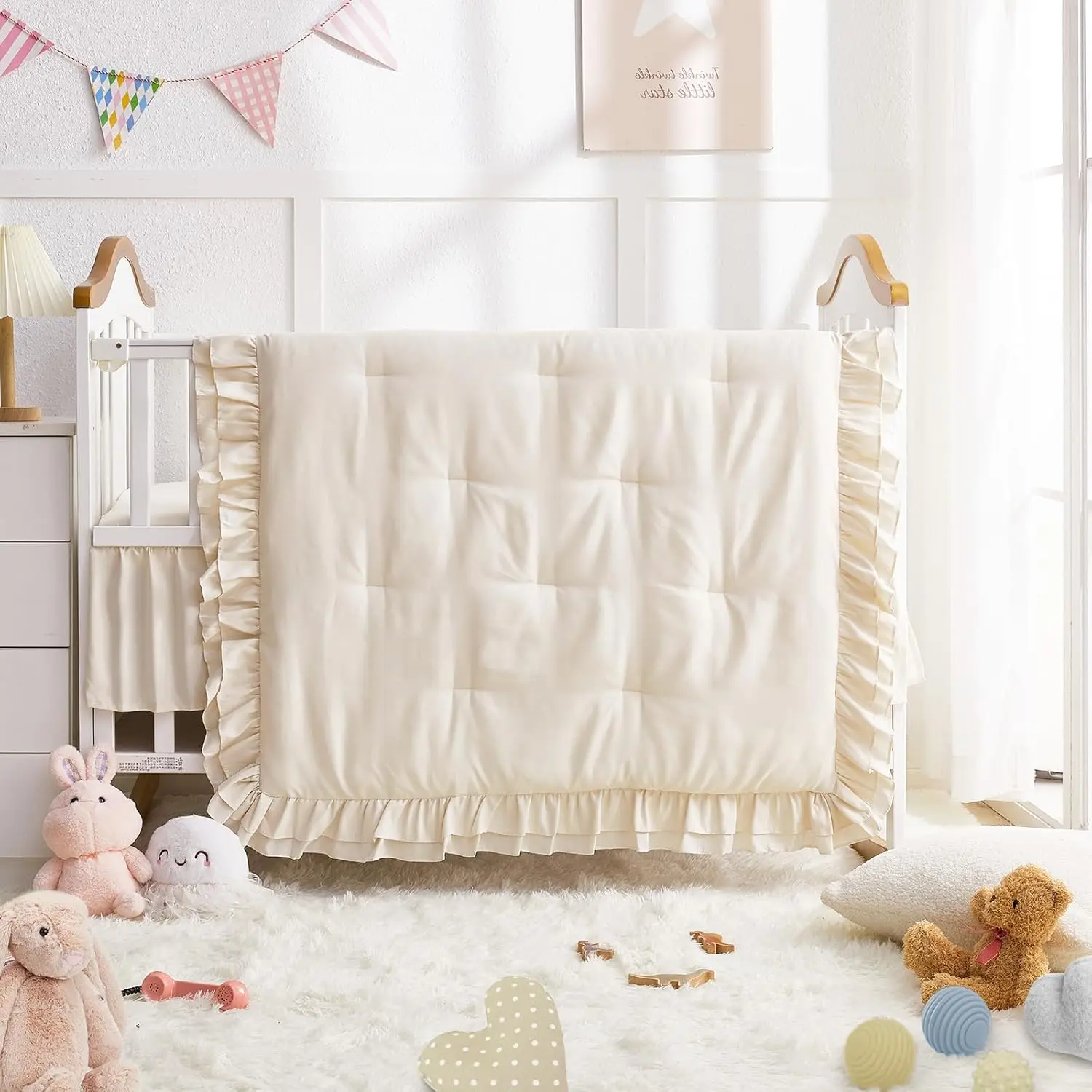 Crib Bedding Set for Girls, 3-Piece Boho Ruffle Baby Bedding Crib Set Include Boho Crib Comforter, Crib Fitted Sheet and Crib Skirt, Beige