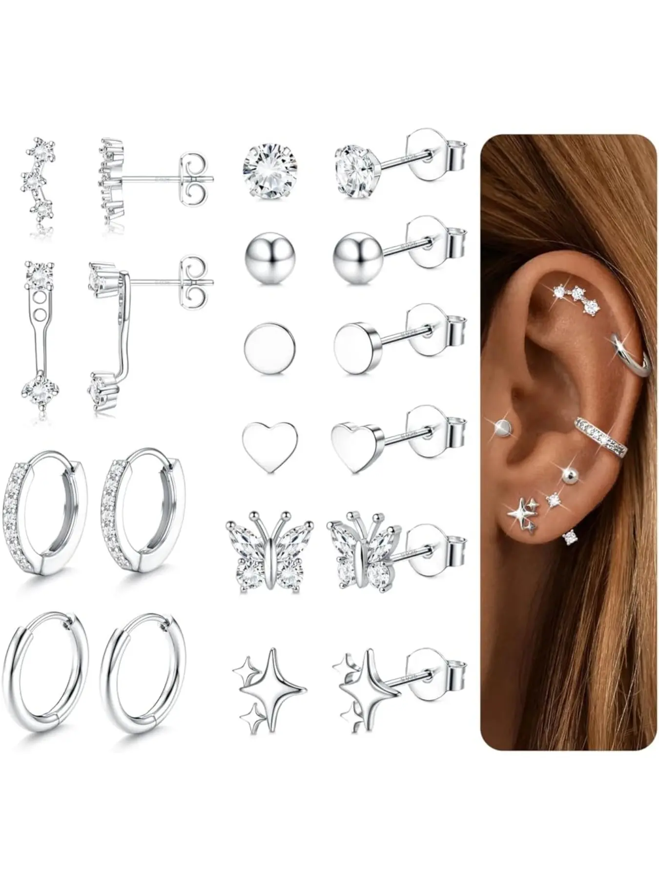 Sterling Silver Stud Earrings for Women, Hypoallergenic Hoop Earrings, Cartilage Earring Sets, 20g Dainty Heart Butterfly Star Cz Studs