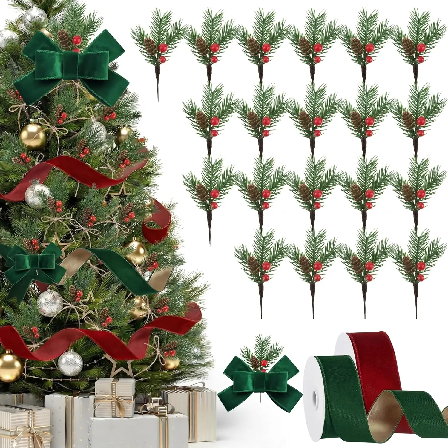 26 count Artificial Pine Picks and  Wired Ribbon Evergreen Branches Red Berry Stems Small  Berries Pinecones Branches for Crafts Xmas Tree DIY Garland Holiday Wreath(No Snow Covered)
