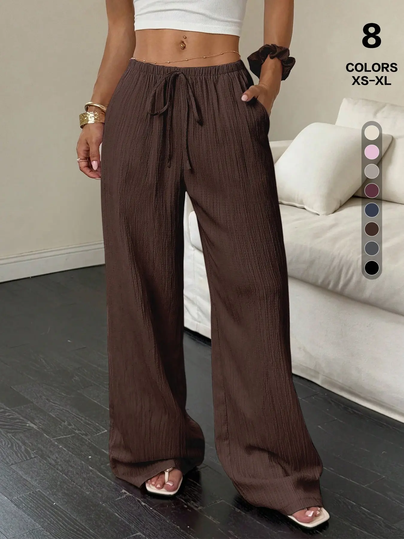 High-Waisted Wide Leg Baggy Casual Everyday Pants Bottoms, Drawstring Mid Waist, Adjustable, Elastic, Loose-Fitting, Lightweight Pleated Fabric, Summer Fashion, Ootd