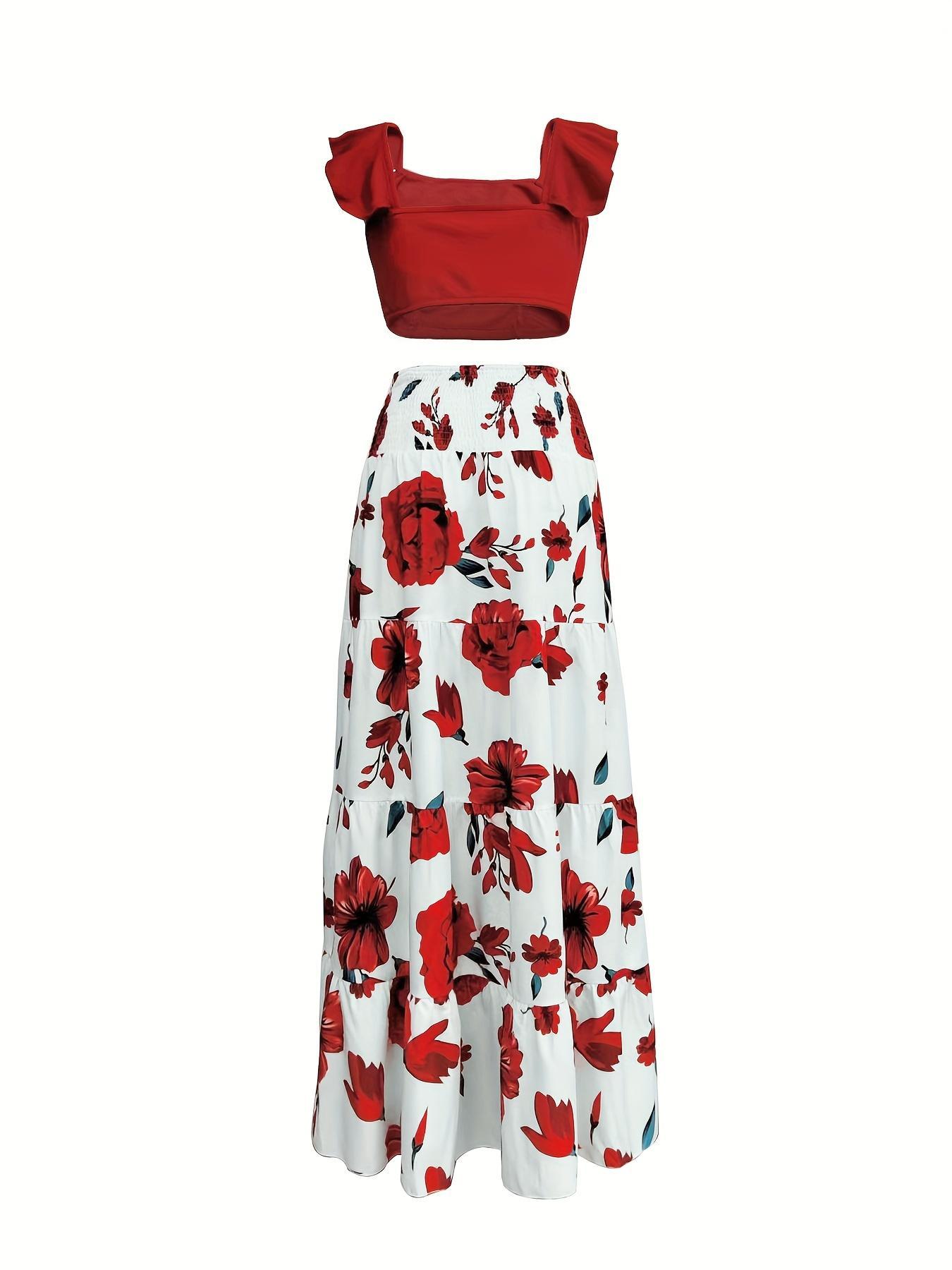 Women's Solid Ruched Ruffle Floral Print Skirt Two-piece Set, Elegant Boho Crop Top & Shirred Maxi Skirt for Beach Holiday Vacation, Ladies Summer Clothes