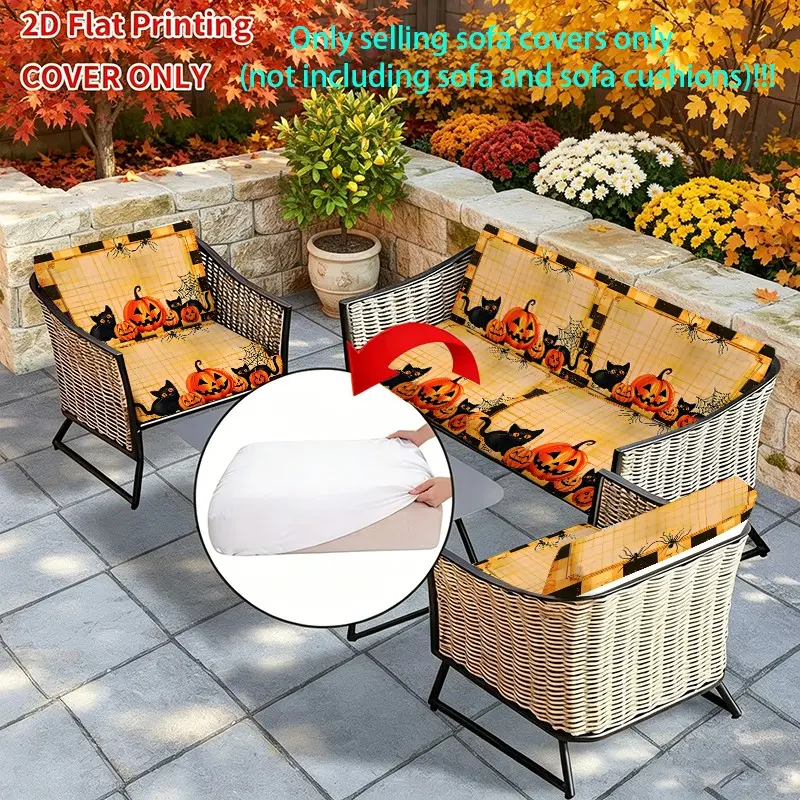 Elastic Sofa Covers, Pumpkin Cat Spider Web Design, Reusable Cushion Covers, Outdoor Indoor Furniture Protection, Halloween Party Decor