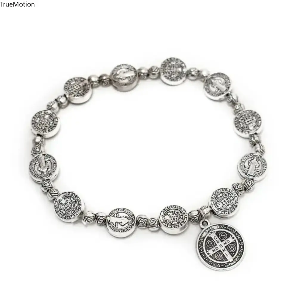 Handcrafted Silver St Benedict Protection Bracelet with San Benito Rosary Beads Medal, Religious Bracelets Jewelry for Men, Daily Wear Blessing Accessory