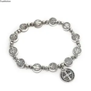 Handcrafted Silver St Benedict Protection Bracelet San Benito Rosary Beads Medal Religious Jewelry for Men Daily Wear Blessing Accessory