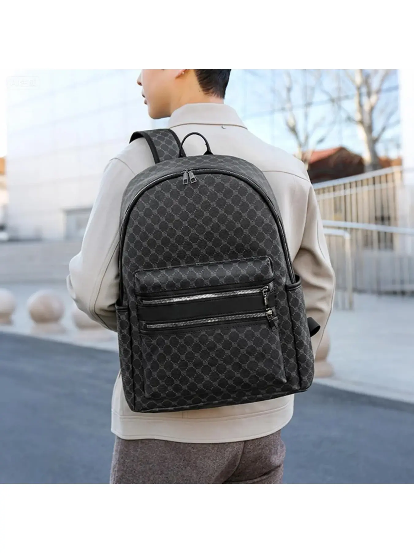 Large Capacity Men's Student Backpack for College PU Leather, Fashionable Business 15 Inch Laptop Bag, Casual All-Season Travel Backpack