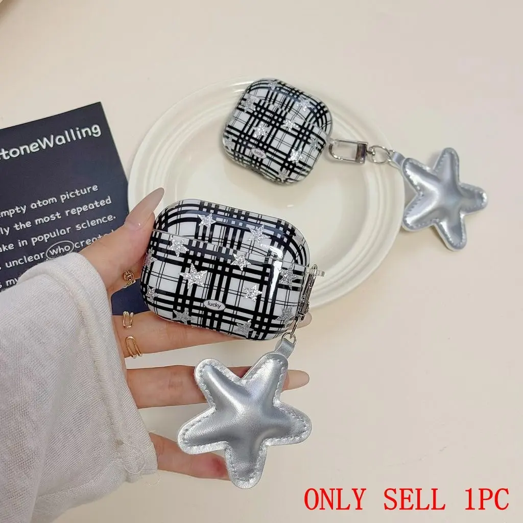 Classic Checkered Glitter Silver Star Earphone Case, Anti-Scratch Anti-Drop, Fits AirPods 4/pro/pro2/pro3, Unisex