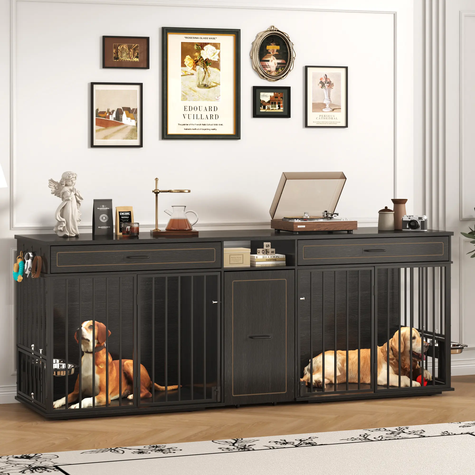 [2Packages Shipping]86.6" Dog Crate Furniture Large Breed TV Stand with Double Rooms, Wooden Dog Kennel Furniture with Dog Bowl, 2 Drawers and Cabinet for Large Medium Dogs, Black/Brown