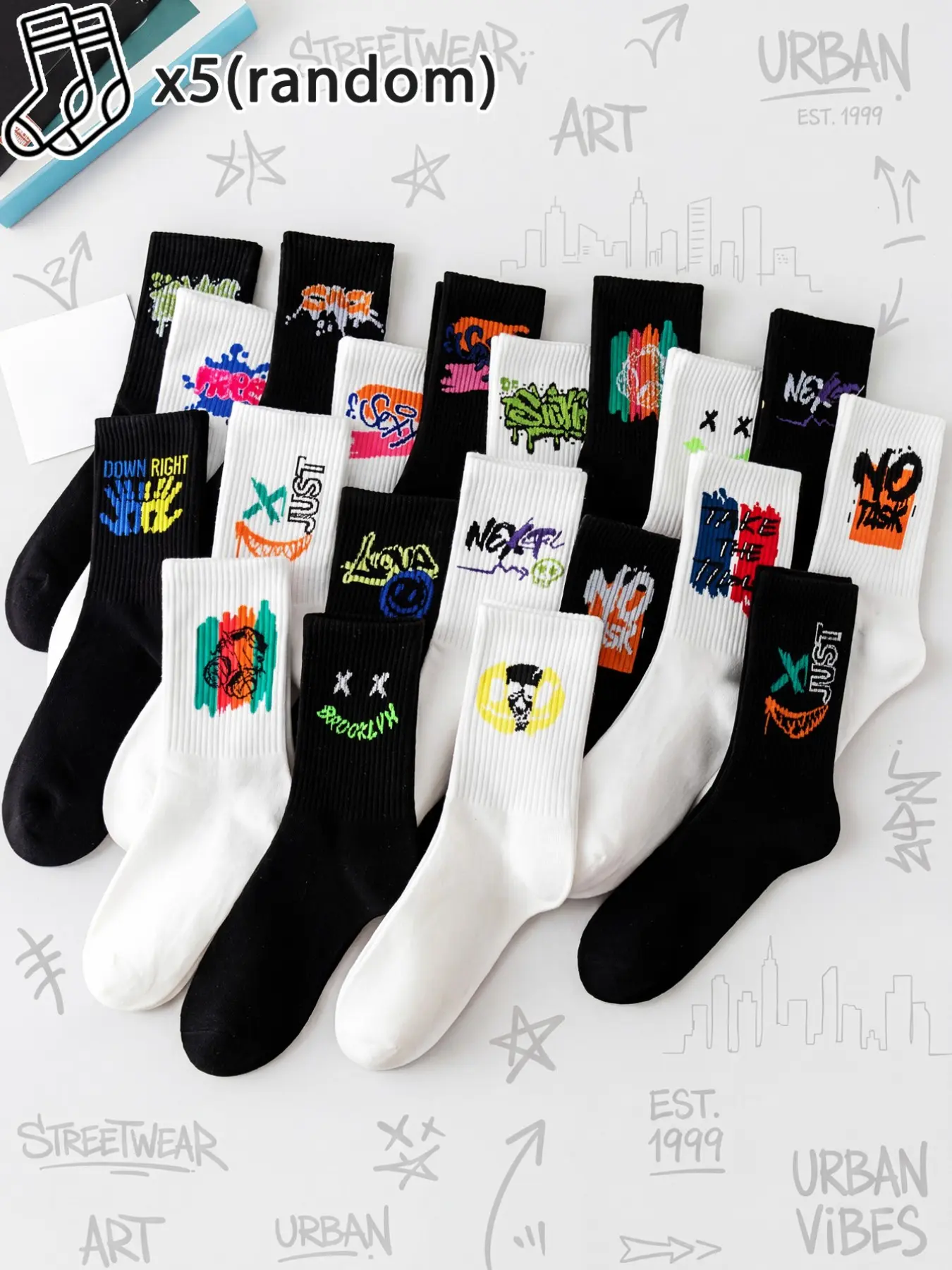 5 Pairs Random Pack Unisex Graffiti Pattern Comfortable Breathable Streetwear Crew Socks for Home Outdoor Sports