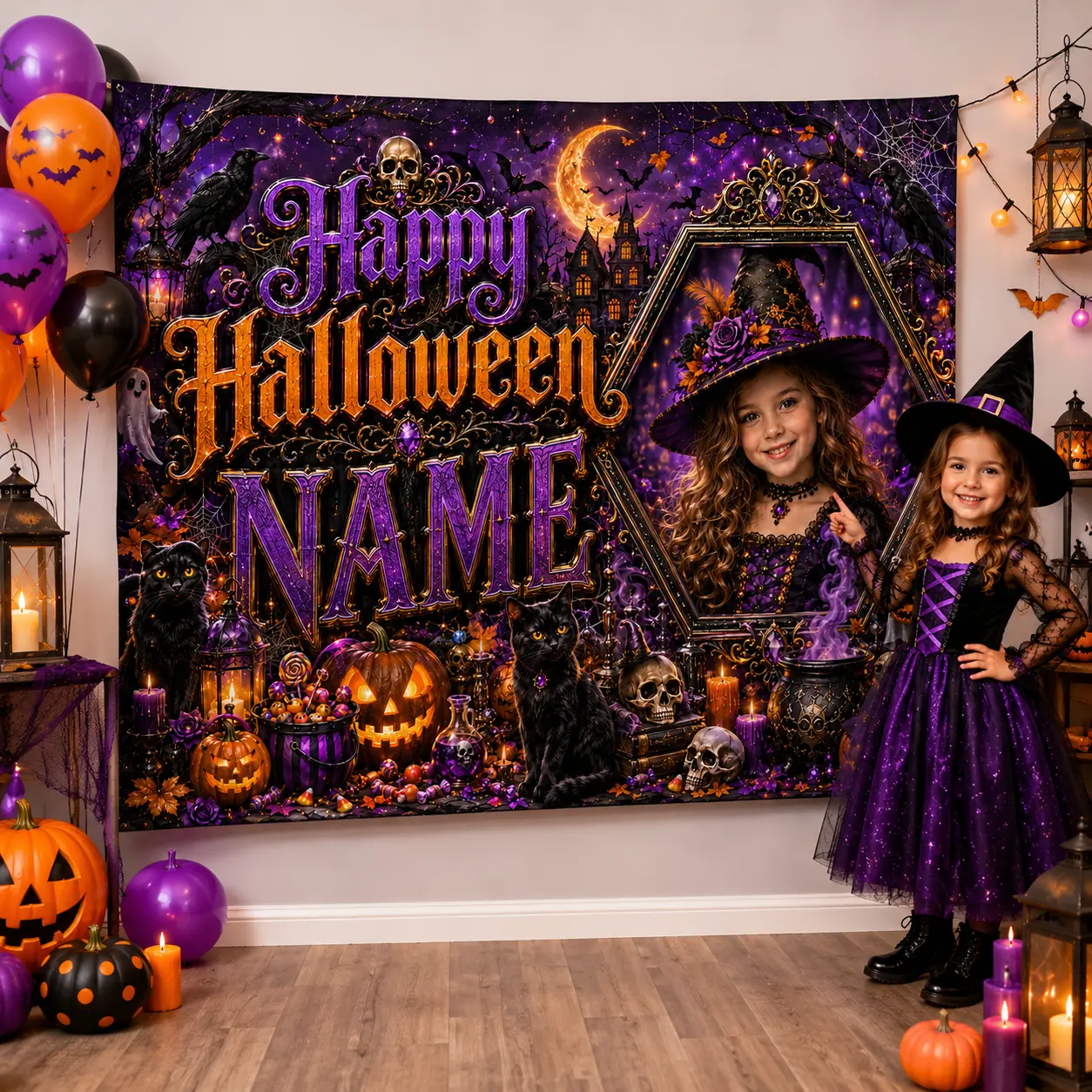 Personalized Gothic Halloween Backdrop with Photo and Name, Witch Hat, Black Cats, Ghosts, Pumpkins and Cauldron Decor