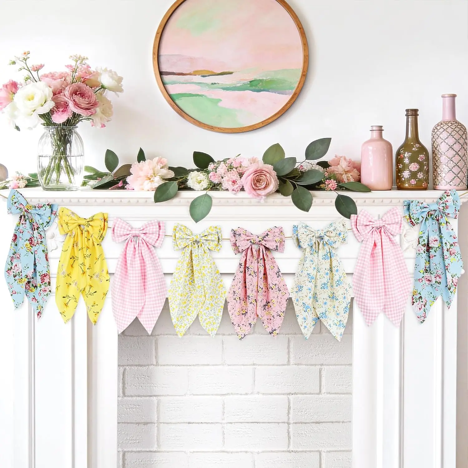 Floral Bow Garland, Pink Gingham Fabric Bow Banner, Vintage Spring Flower Bows Hanging Garland for Mantel Wall Decor, Garden Floral Baby Shower, Birthday, Wedding, Flower Tea Party Decorations