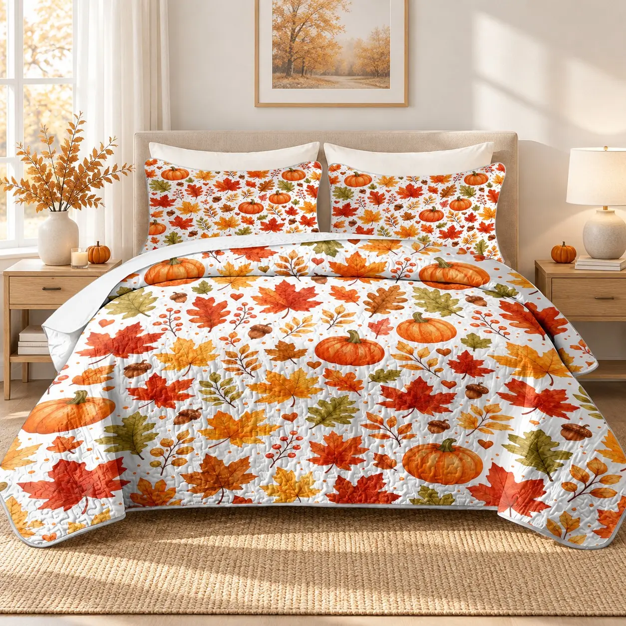 3 Pcs Fall Pumpkin Maple Leaf Bedspread Quilt Set, Autumn Harvest Farmhouse Print, Quilted Coverlet with 2 Pillow Shams, Thanksgiving Bedding & Bedroom Decor, Patterned Bedding Set, King Size Bedspread, Queen Size Bedspread & Full Size Bedspread