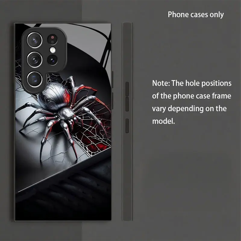Black Phone Case with Silvery Spider Pattern, New Minimalist Business Style, Shockproof Tempered Glass Protective Cover for S26 S25 S24 S23 S22Pro S21 S20 Fe Plus Ultra Pro A56 A55 A54 A53 A52 A51 A36 A35 A34 A32 A26 A25 A24 A23 A16 A15 A14 A06 A05 A03s,