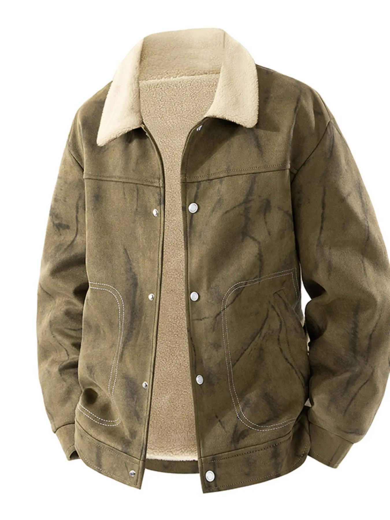Men's Tie Dye Suede Fleece Lined Trucker Jacket, Sherpa Collar Warm Button Down Cargo Coat, Vintage Loose Winter Outerwear
