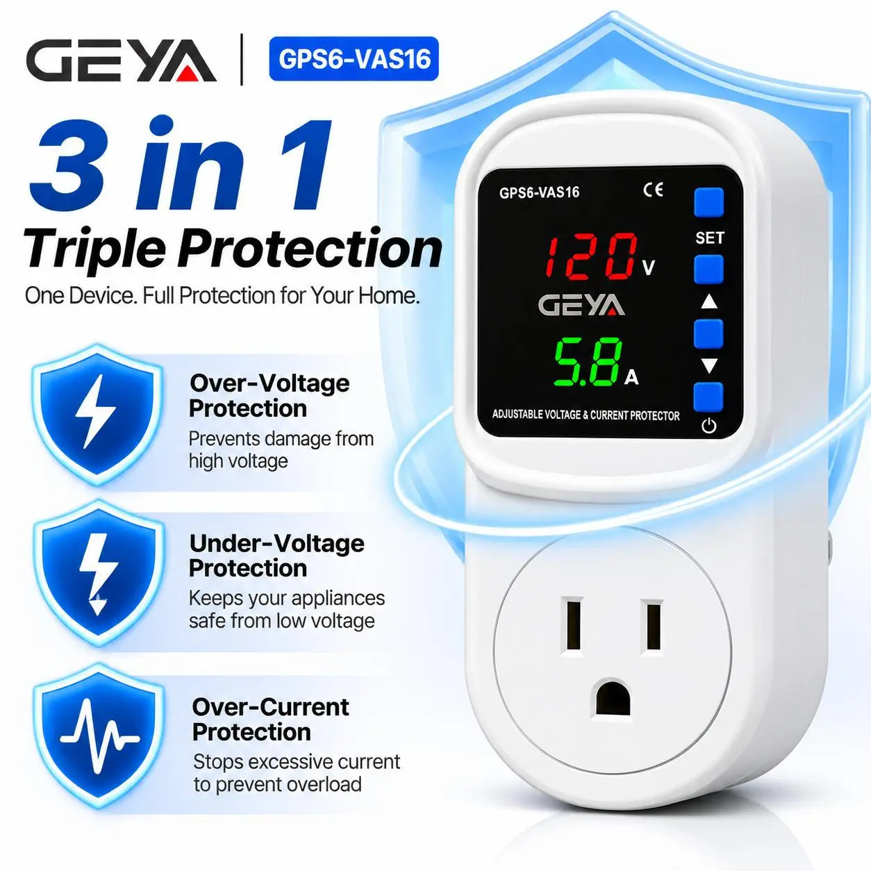 GEYA 16A Adjustable Voltage Protector Socket US Plug - AC 110V Over/Under Voltage Protection, Overcurrent Protection, Customizable Settings, LED Display, 0.1s Fast Trip, Plug & Play, <1% Accuracy, Auto-Restart for Home Fridge, TV wall outlet