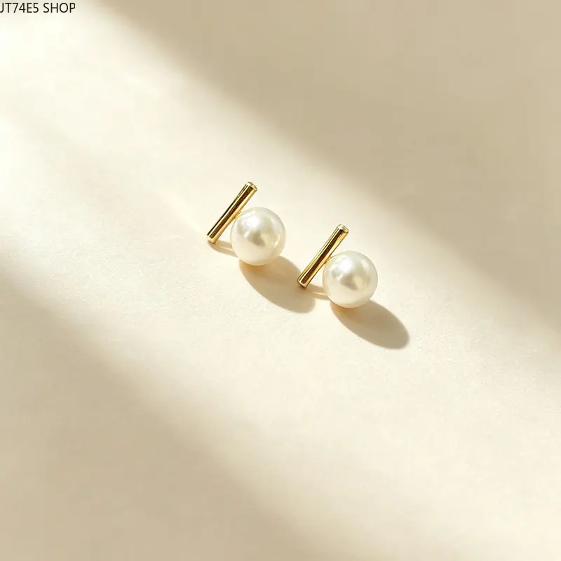 Elegant French White Bead Bar Alloy Stud Earrings, Retro Minimalist Cold Ins Style Temperament Ear Jewelry for Women