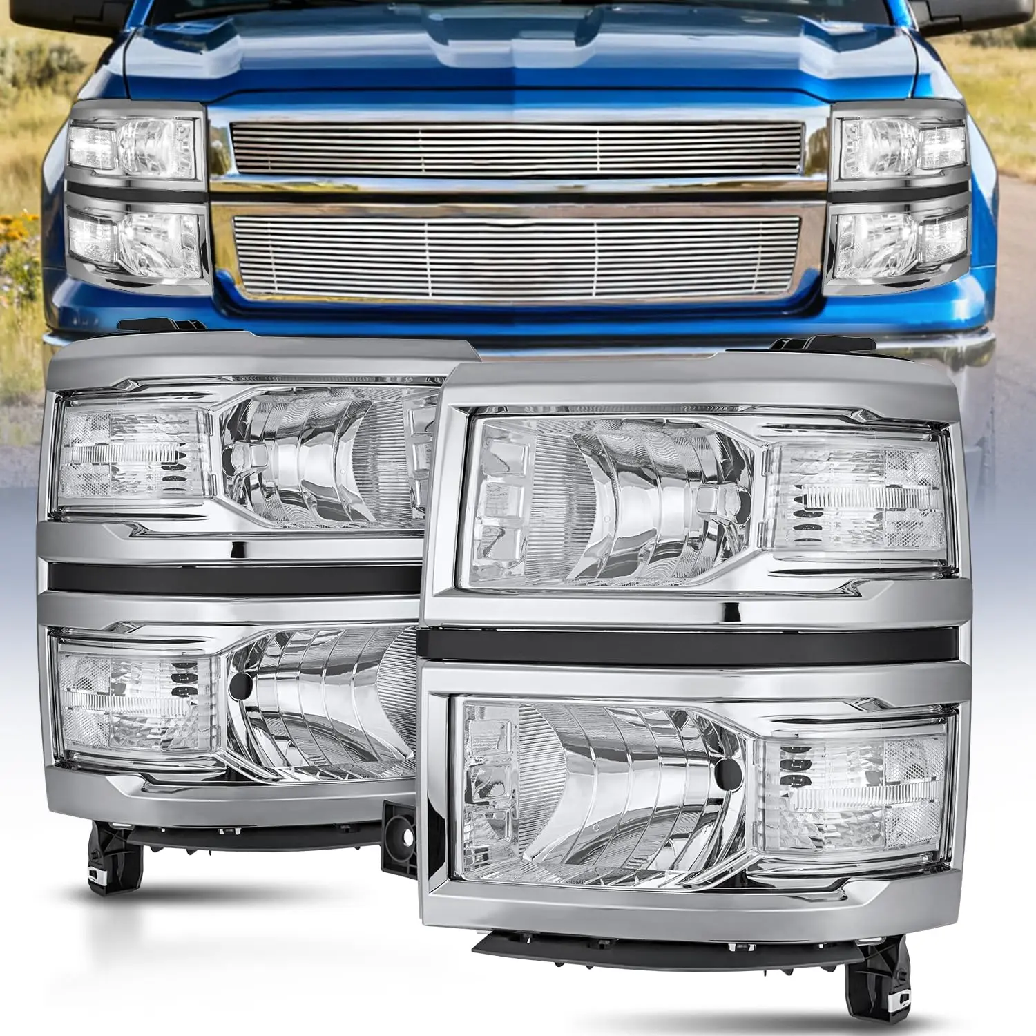 Nilight LED Car Headlights Assembly - Chrome Look Housing Headlamp Replacement, Adjustable Waterproof LED Car Lights, Temperature-Controlled Anti-Fog Bright Vision Truck Accessories for 2014-2015 Chevy Silverado 1500 Pickup Truck (Driver & Passenger Side)