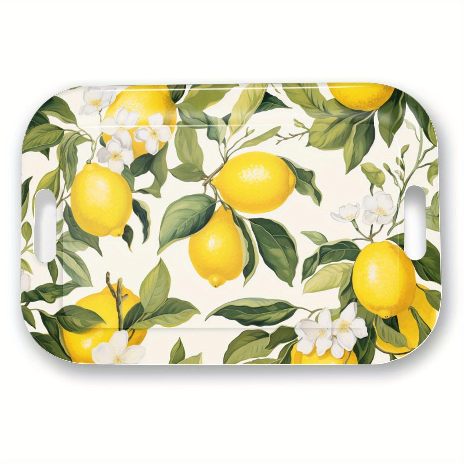 Modern Lemon Pattern Serving Tray - Lightweight & Easy-Clean Rectangular Snack Tray with Grip Handles, Sturdy Melamine for Kitchen, Dining, Parties - Lemon Tree Leaves Decor in Yellow, Green, White - Home Decor Centerpiece, Dining Table Acce Plates