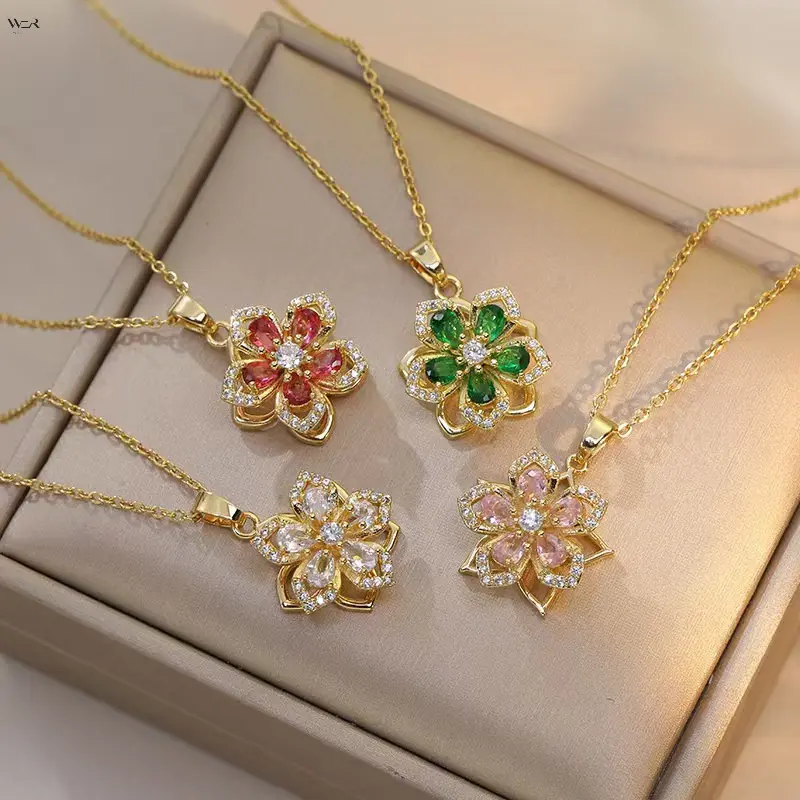 Women's Fashion Charm Necklace, Multi-Color Bauhinia Flower Prong-Set Cubic Zirconia Pendant, Antitarnish Gold-Plated Chain, 40+5cm Adjustable, Elegant Botanical Daily Wear Costume Jewelry