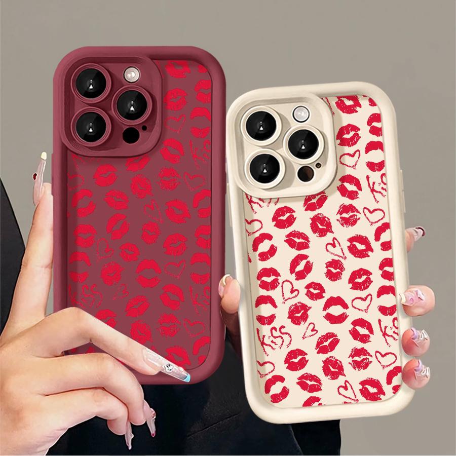 Phone Case: 1pc Red Lip Print Heart Kiss Phone Case Suitable for Apple iPhone 17 E Air Pro ProMax iPhone16 15 14 Plus 13 12 Mini 11 X XS XR Antidrop Shock Proof All Inclusive Lens Protection Girlish Style Cute Can