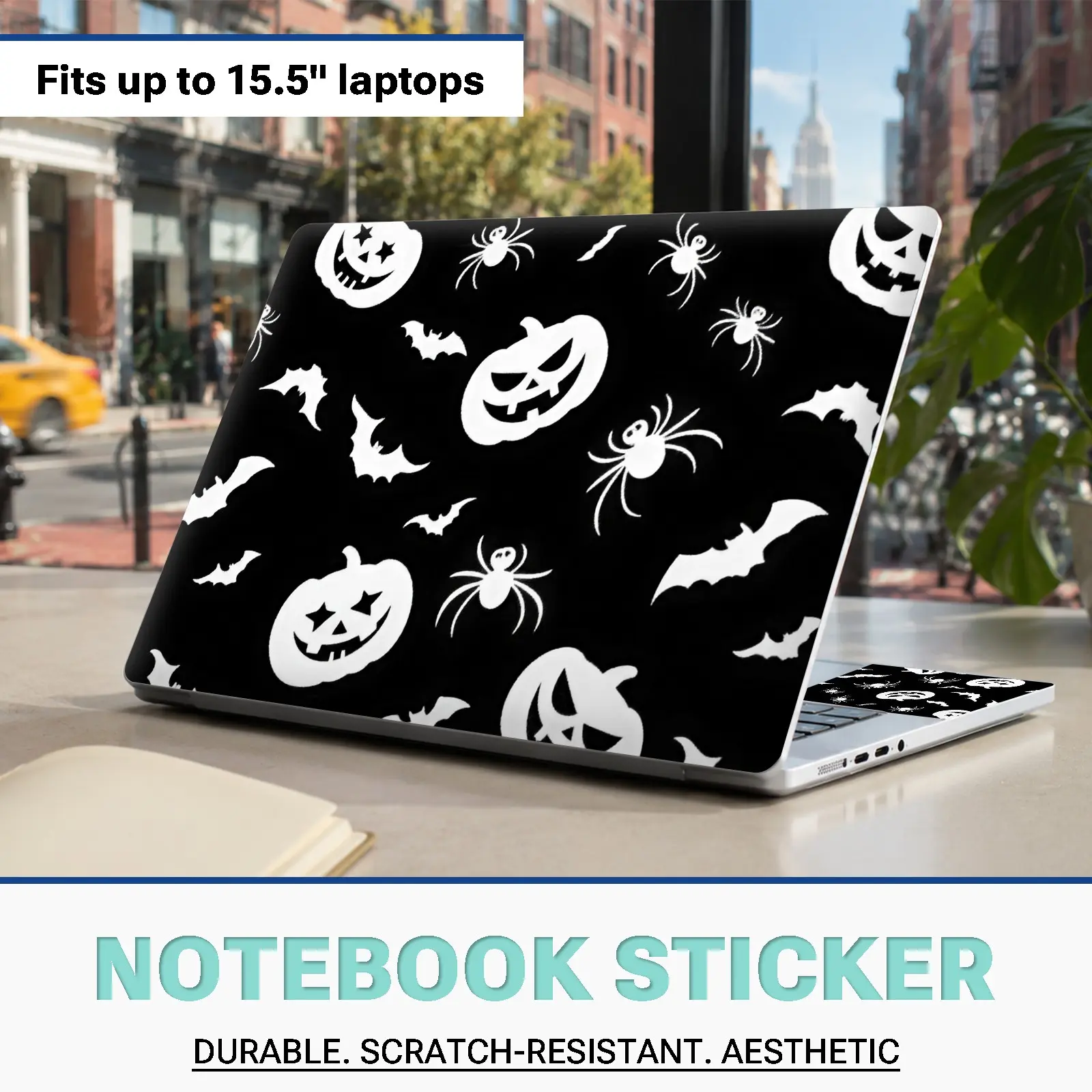 Halloween Pumpkin Bat Spider Laptop Skin Sticker 3Pcs Set, Notebook Top Cover + 2Pcs Palm Rest Wrist Pad Decals, Removable No Residue Scratch Resistant Protective Laptop Vinyl Stickers Fits 13-15.5 Inch Laptops