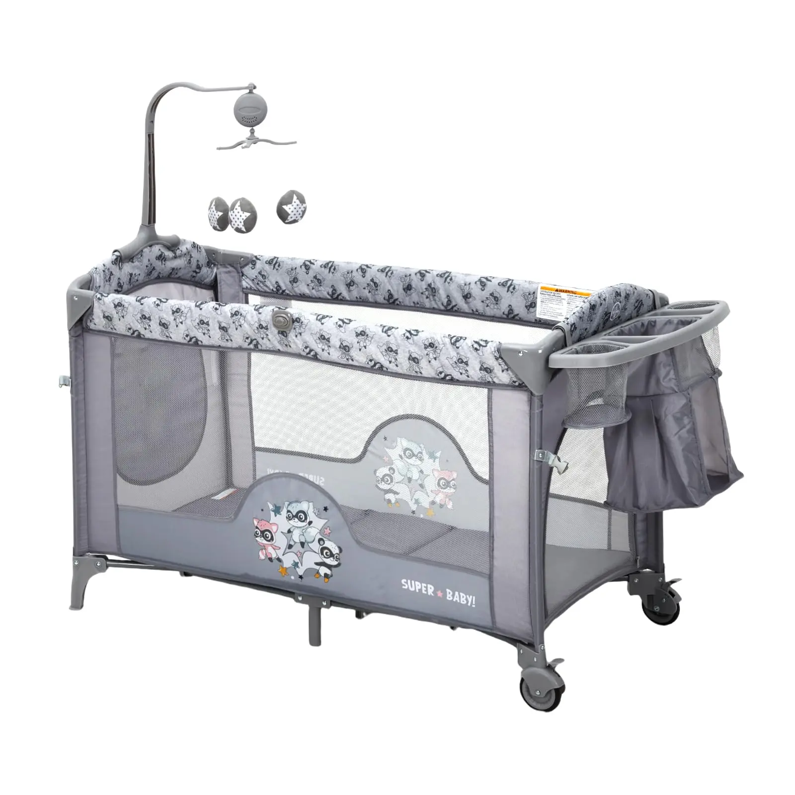 5-in-1 Baby Playard with Bassinet, Height Adjustable Bedside Sleeper, Portable Crib for Infants Toddlers up to 36 Months, Detachable Changing Table, Breathable Mesh, One-Click Fold, Travel Friendly, Steel Frame, Grey