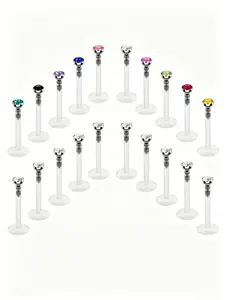 Bioplast & Acrylic Push-In Labret Stud Set, 16G No Thread Lip Piercing Jewelry with Multi-Color CZ Tops, Hypoallergenic Reusable Body Jewelry for Lip, Tragus, Helix & Cartilage
