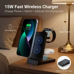 Foldable Portable Travel 3-in-1 Wireless Charging Station, Folding Charging Station, Dual Coil 15W Qi Fast Wireless Charger Stand, Multi-Device Simultaneous Charging Compatible with iPhone, Apple Watch, AirPods & All Qi Wireless Android Phones