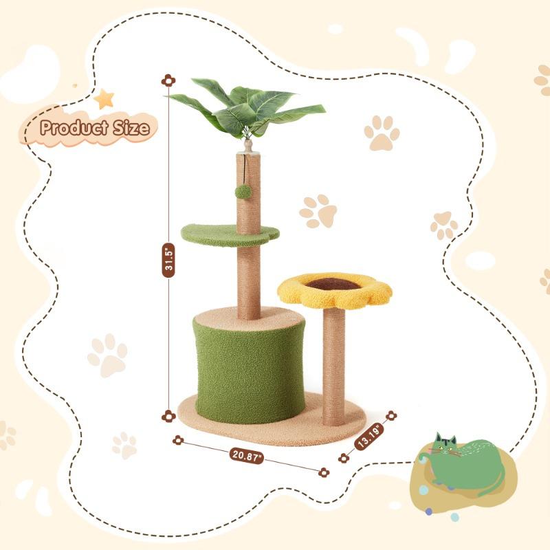 31.5" Indoor Cat Tree for Small Cats, Cute Sunflower Cat Tower with Scratching Post and Leaf Platforms, Cat Condo and House with Hanging Toy for Indoor Cats