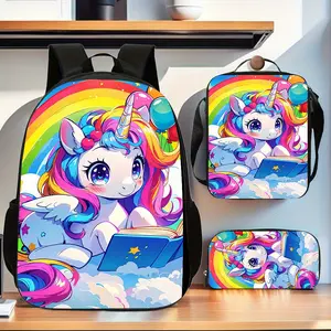 Rainbow Wings Unicorn Three-Piece School Bag Set, with matching lunch bag and pencil case, suitable for daily schoolwork and weekend outings