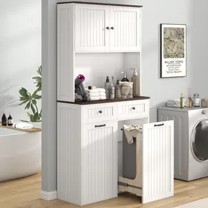Hidden Double Trash Can Cabinet Kitchen Storage Hutch with Charging Station, Fits 13 Gallon Bins, Farmhouse Kitchen Organizer with Drawers & Shelf
