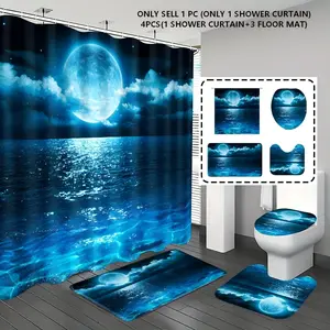 [Popular Choice]1pc/4pcs, bathroom curtains shower, bathroom set, shower curtains, bathroom rug, Home Decoration, Bathroom Decor And Accessories, bathroom mat, Moon Pattern, Ocean Theme Decoration, Bathroom Set, with 12 hooks