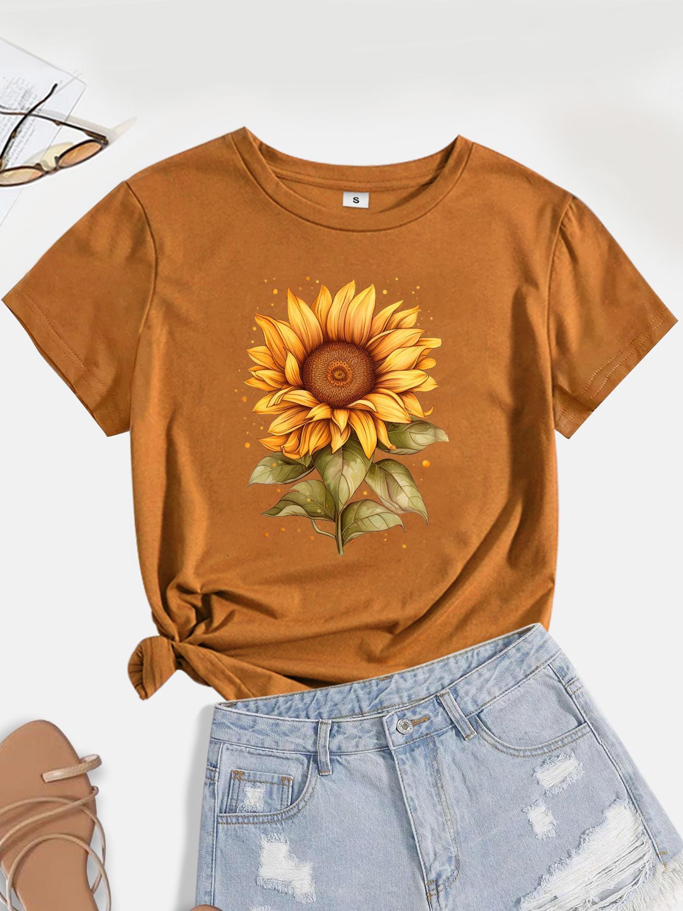 Women's Sunflower Print Round Neck Tee, Summer Clothes Women, Casual Short Sleeve Crew Neck T-shirt for Summer, Summer Outfits 2024, Graphic Tees, T Shirts for Women, Women's Top for Daily Wear