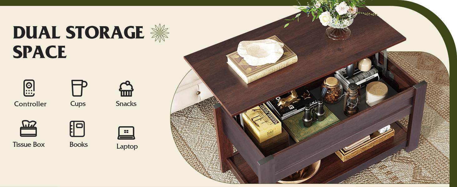 Coffee Table, 39" Lift Top Coffee Table with Hidden Compartment, Storage Shelf and Lifting Top for Home Living Room, Office and Bedroom, Red-Brown