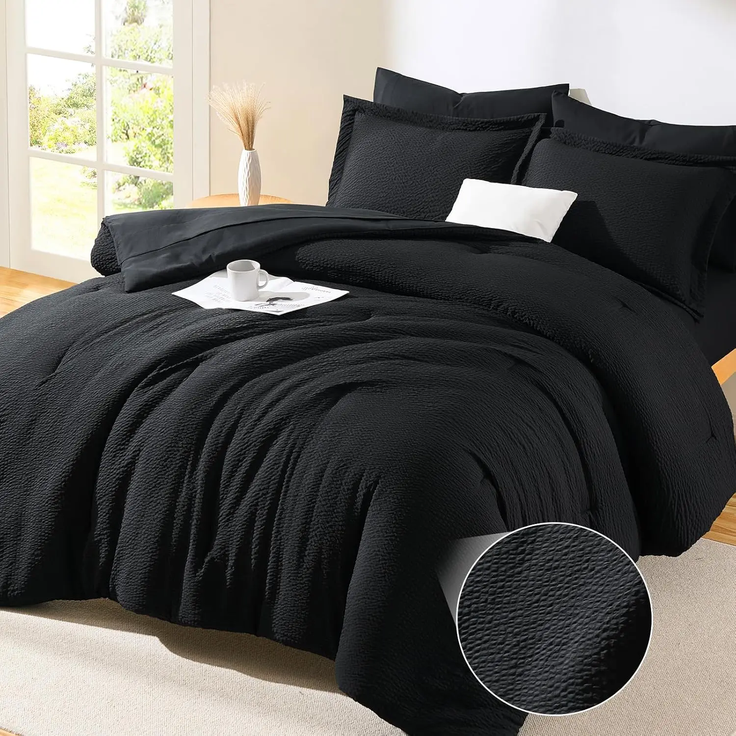 Queen Comforter Set Black - 7 Pieces Striped Seersucker Bed in a Bag, Soft Lightweight Boho Bedding Set with All Season Comforters Queen Size, Sheets, Pillowcases & Shams